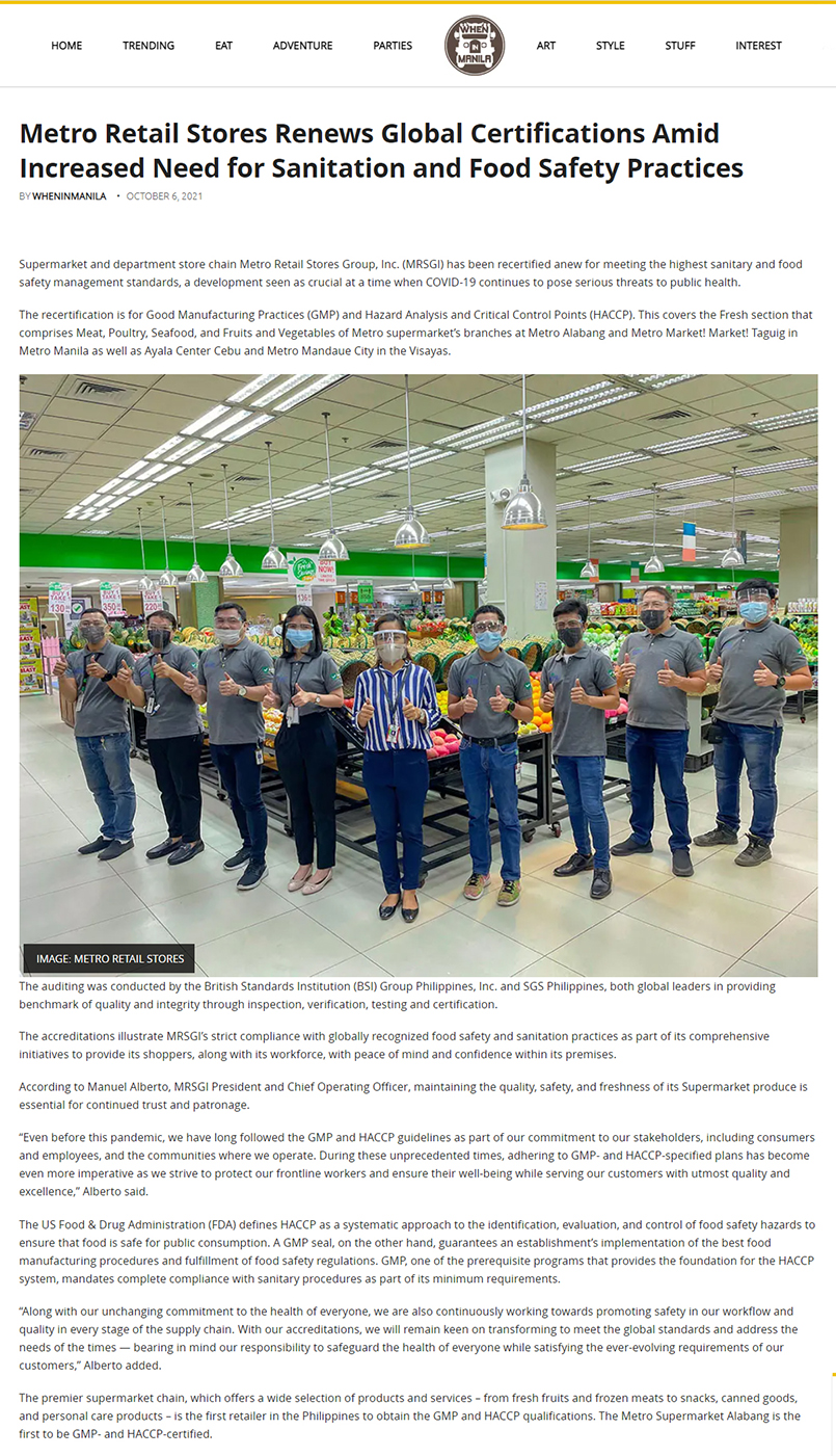 October 6 Metro Retail Stores Renews Global Certifications Amid Increased Need for Sanitation and Food Safety Practices WhenInManila