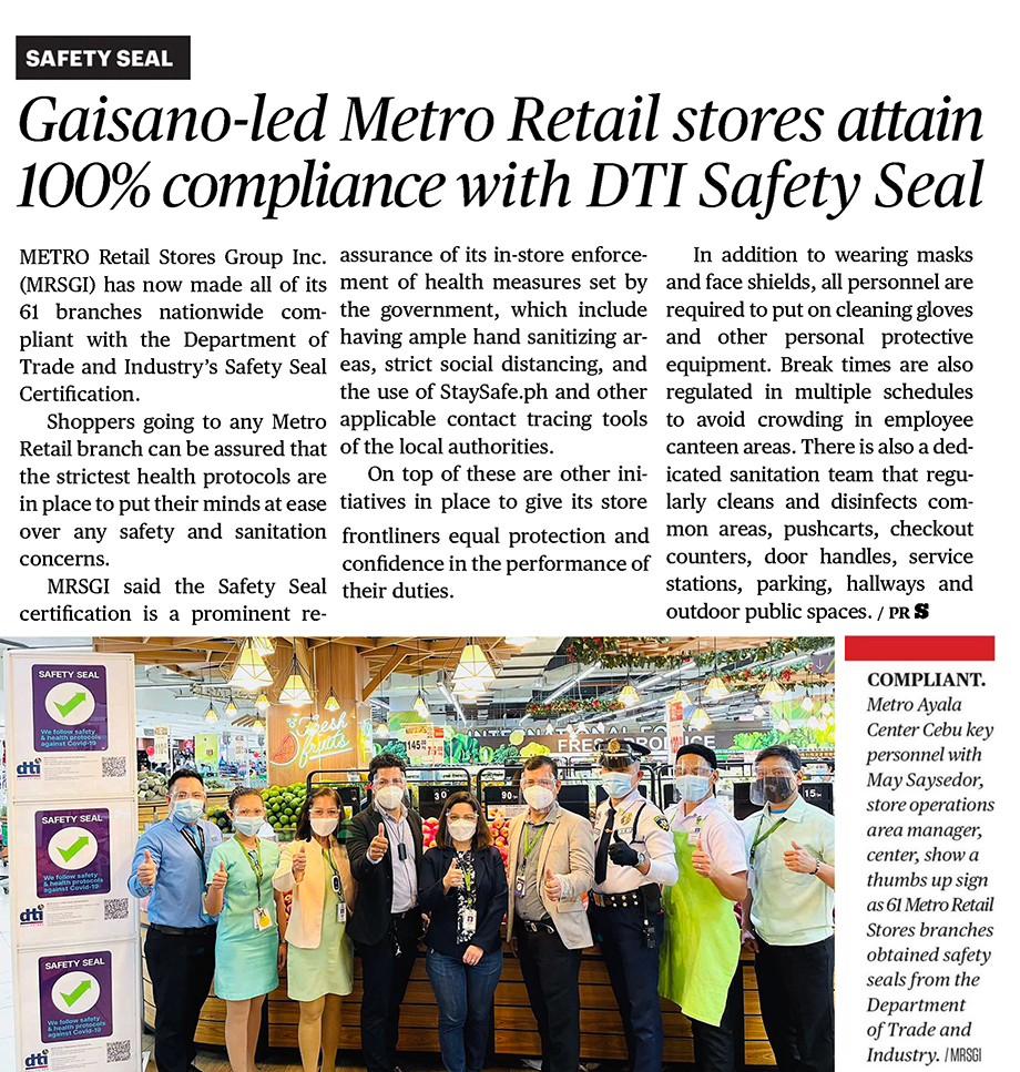 Sept 23 Gaisano led Metro Retail stores attain 100 percent compliance with DTI Safety Seal Sun Star Cebu