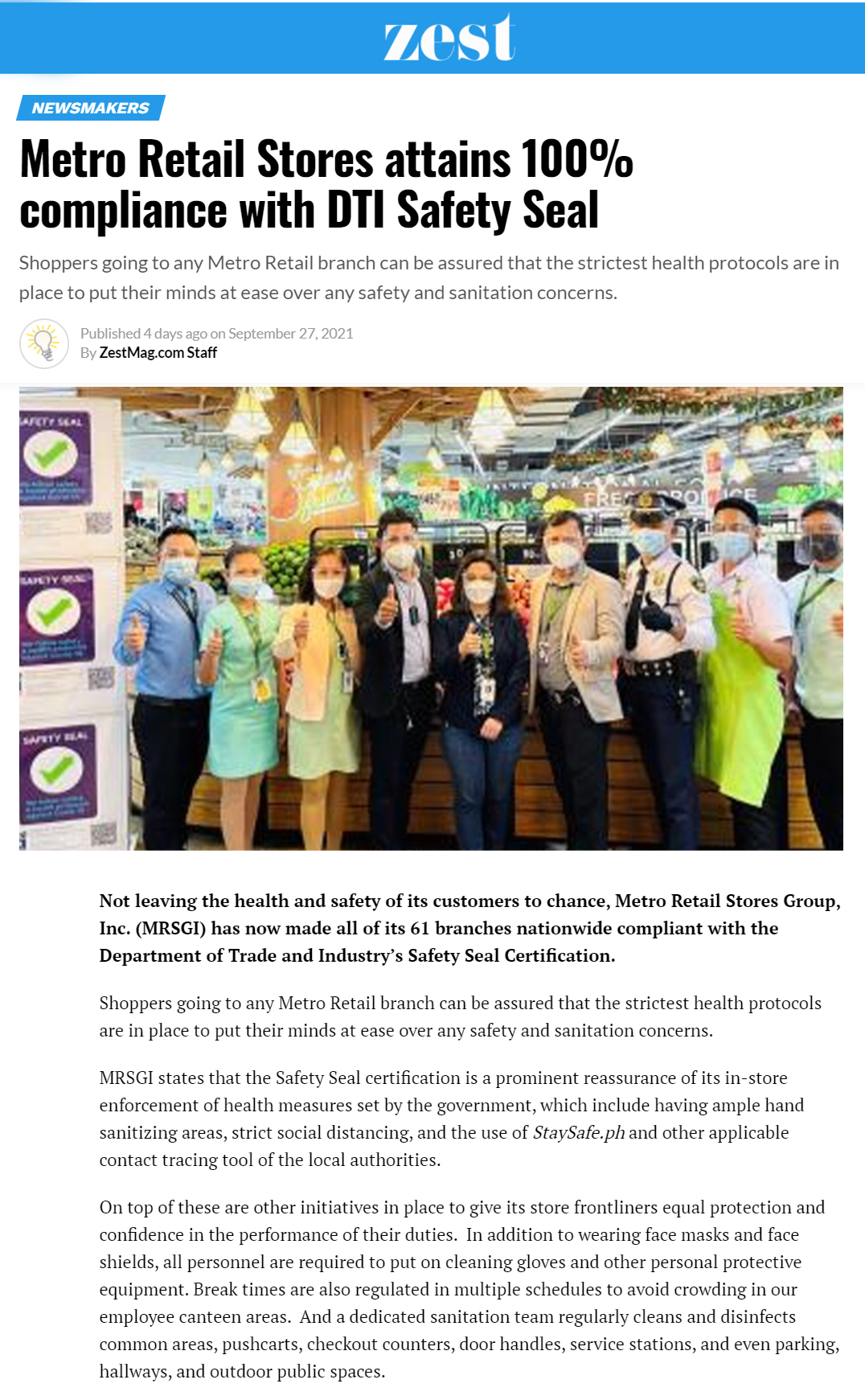 Sept 27 Metro Retail Stores attains 100 compliance with DTI Safety Seal Zest Magazine