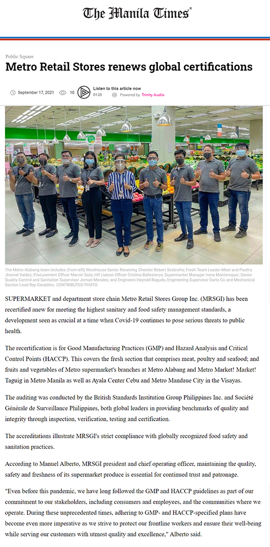 September 17 2021 Metro Retail Stores renews global certifications Manila Timesmanilatimes.net