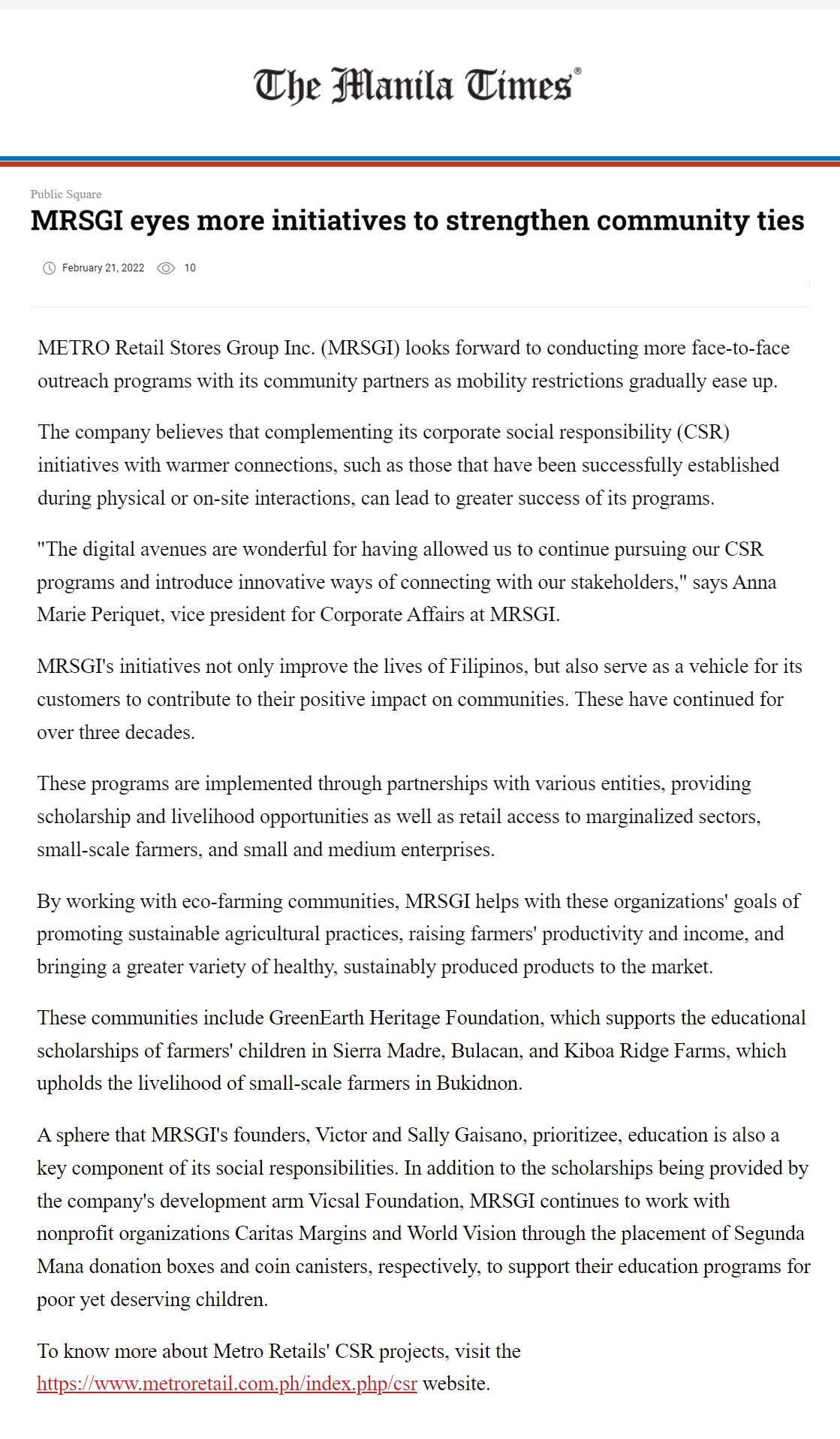 MRSGI eyes more initatives to strenghten community ties manila.net