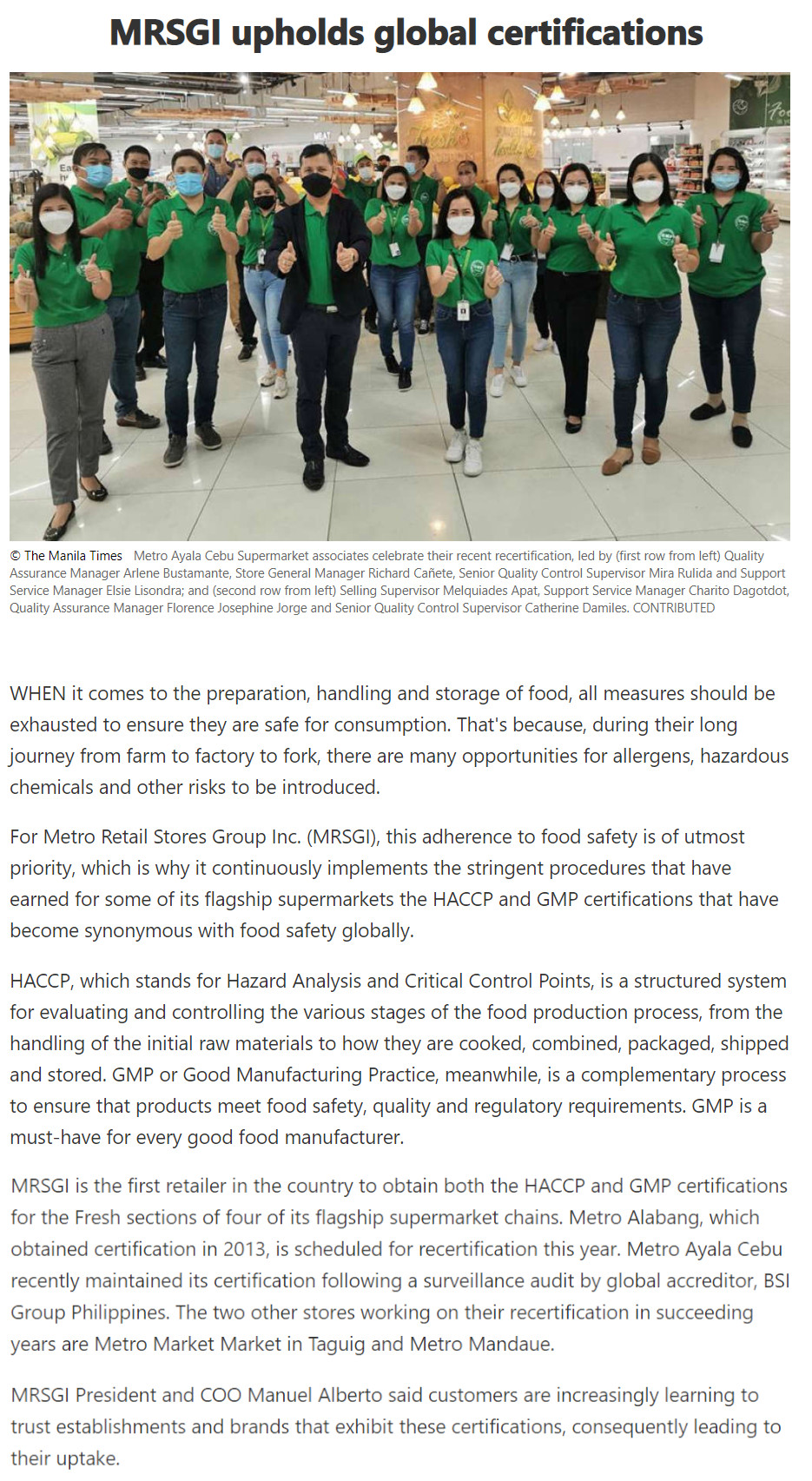 MRSGI upholds global certifications MSN Philippines