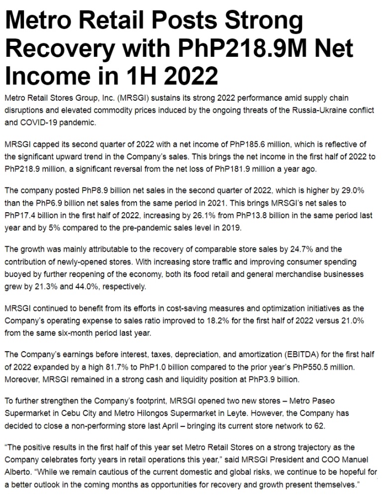 Metro Retail Posts Strong Recovery with PhP218.9M Net Income in 1H 2022 Metro Cebu