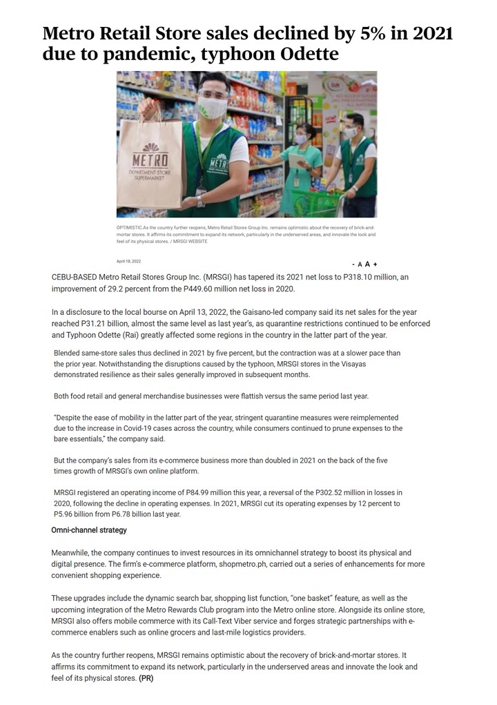 Metro Retail Store sales declined by 5 in 2021 due to pandemic typhoon Odette SunStar