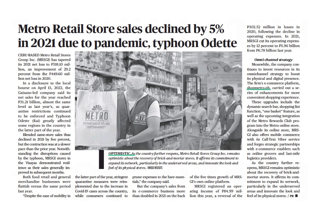 Metro Retail Store sales declined by 5 in 2021 due to pandemic typhoon Odette SunStar Cebu