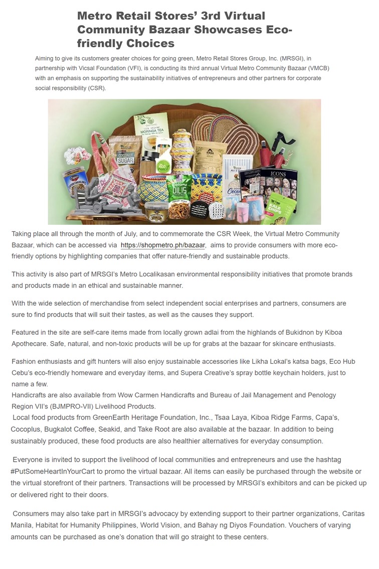 Metro Retail Stores 3rd Virtual Community Bazaar Showcases Eco friendly Choices PinoyFeeds