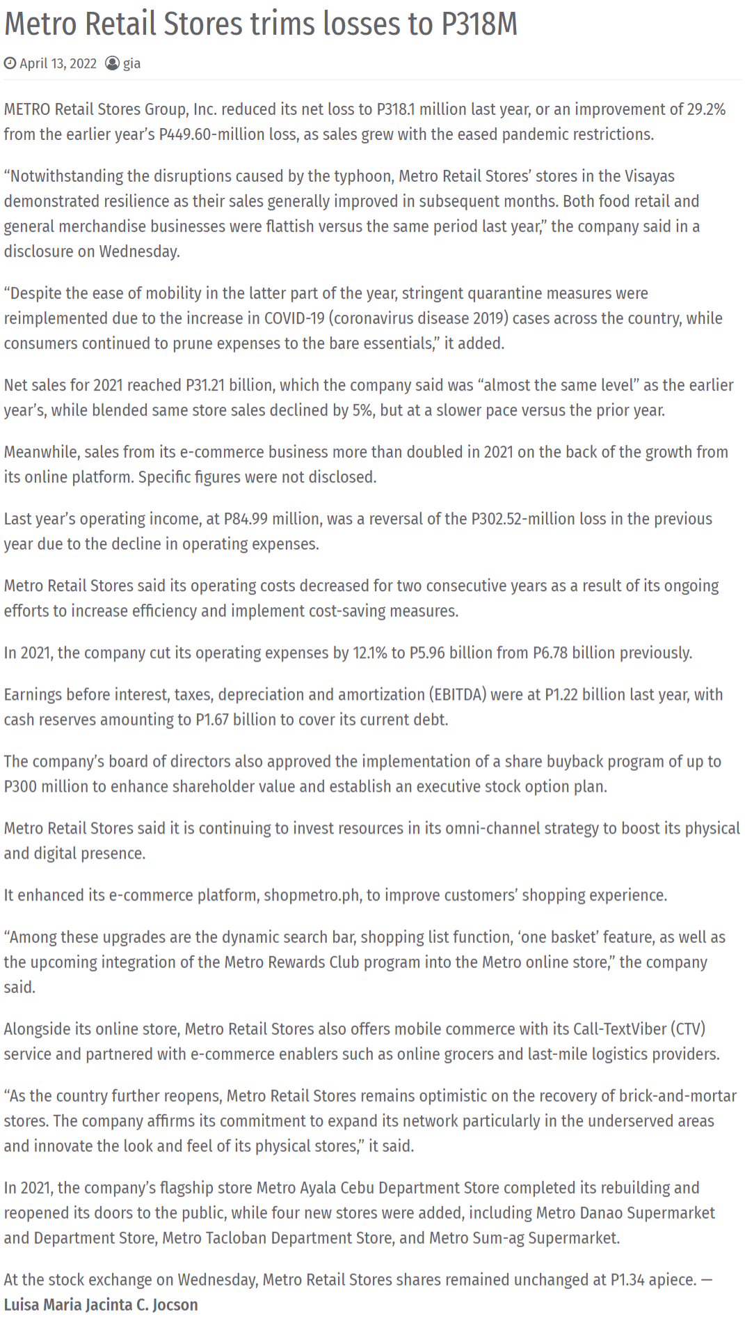 Metro Retail Stores trims losses to P318M Philippine Financial News
