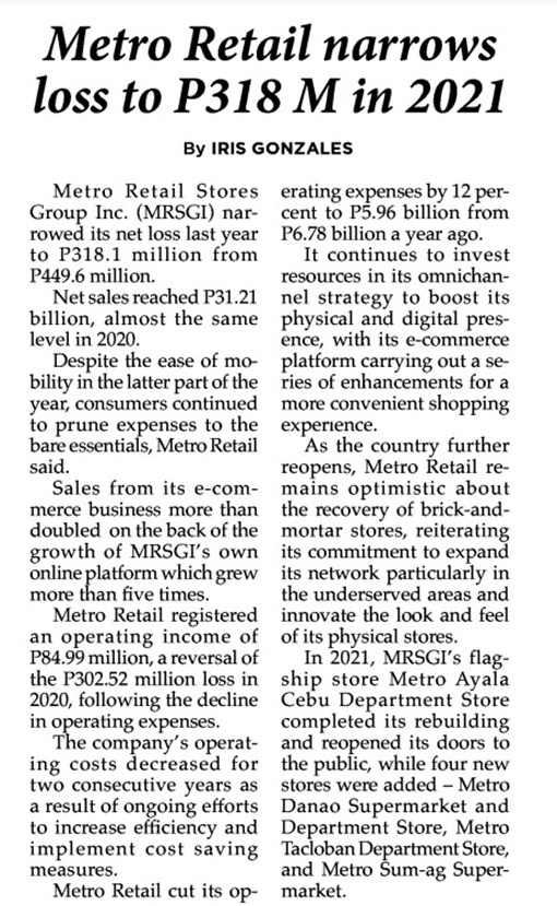Metro Retail narrows loss to 318M in 2021 Philippine Star Sunday