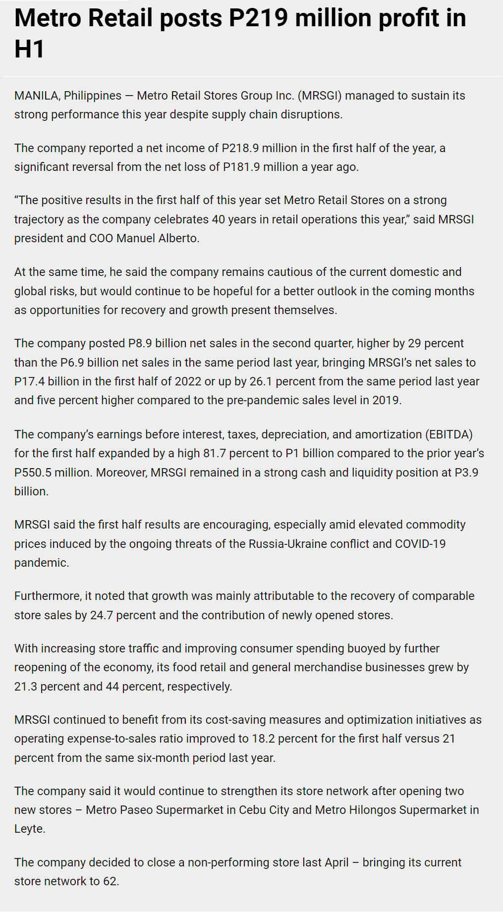 Metro Retail posts P219 million profit in H1 PhilStar