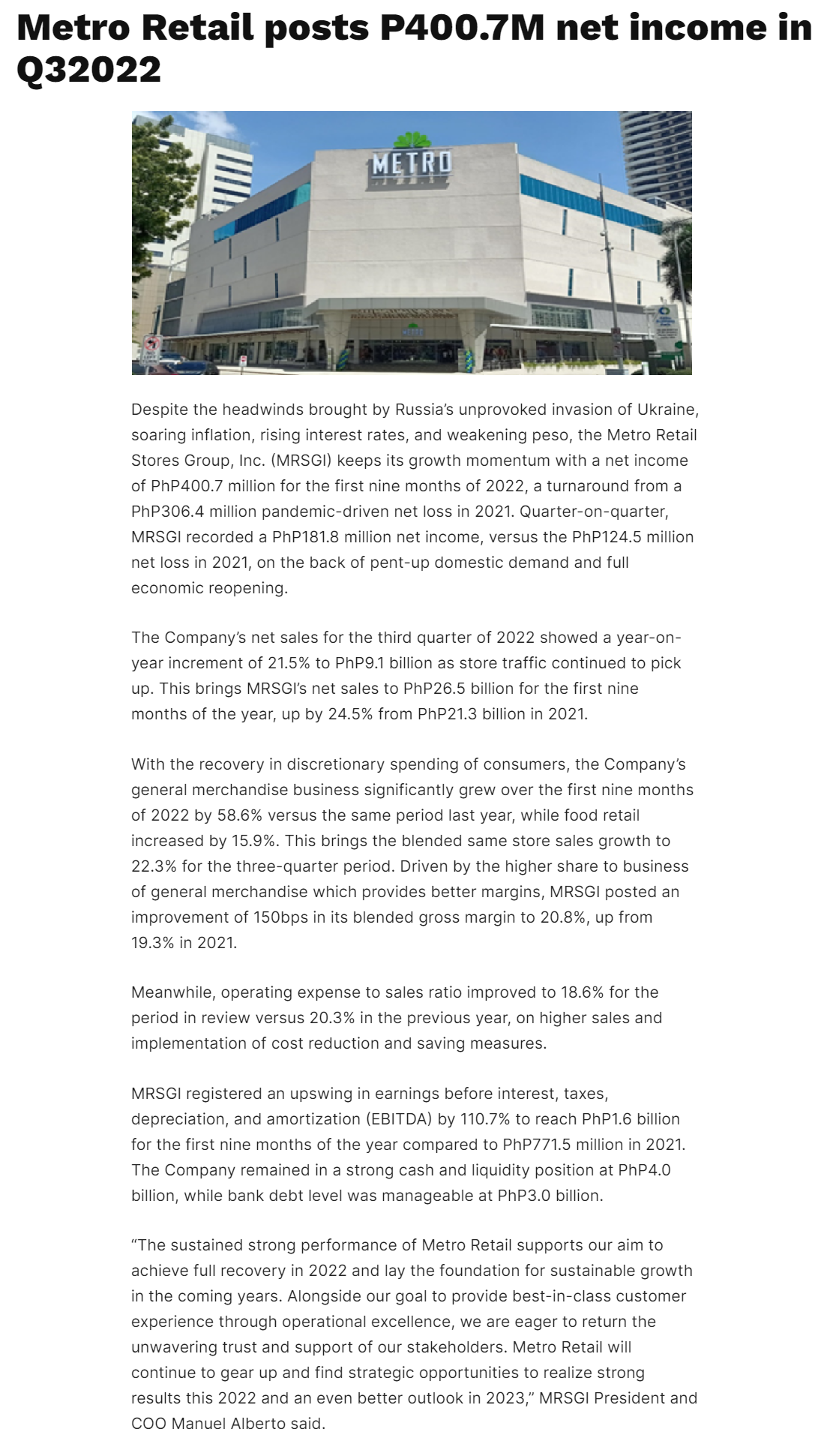 Metro Retail posts P400.7M net income in Q32022 PhilBiz