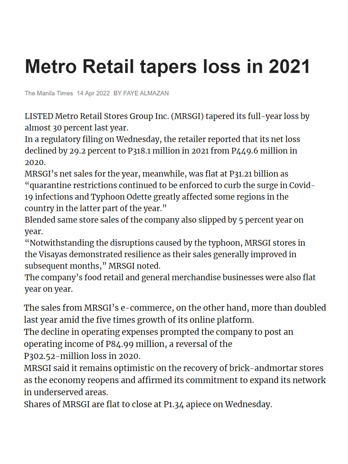 Metro Retail tapers loss in 2021 Manila Times