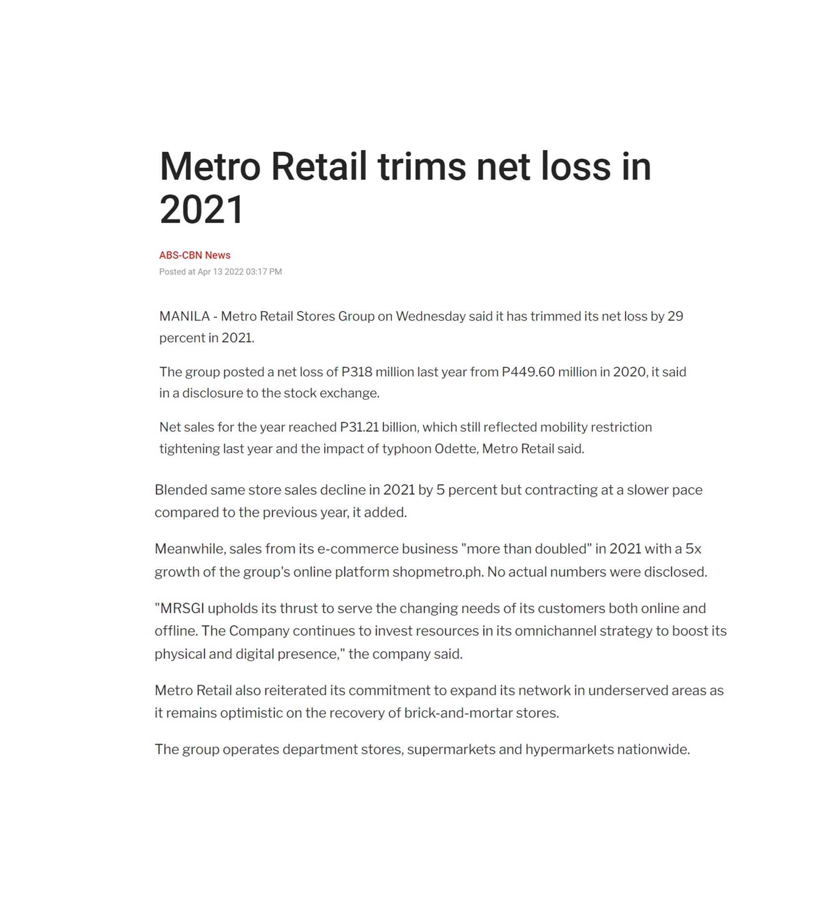 Metro Retail trims net loss in 2021 ABS CBN News