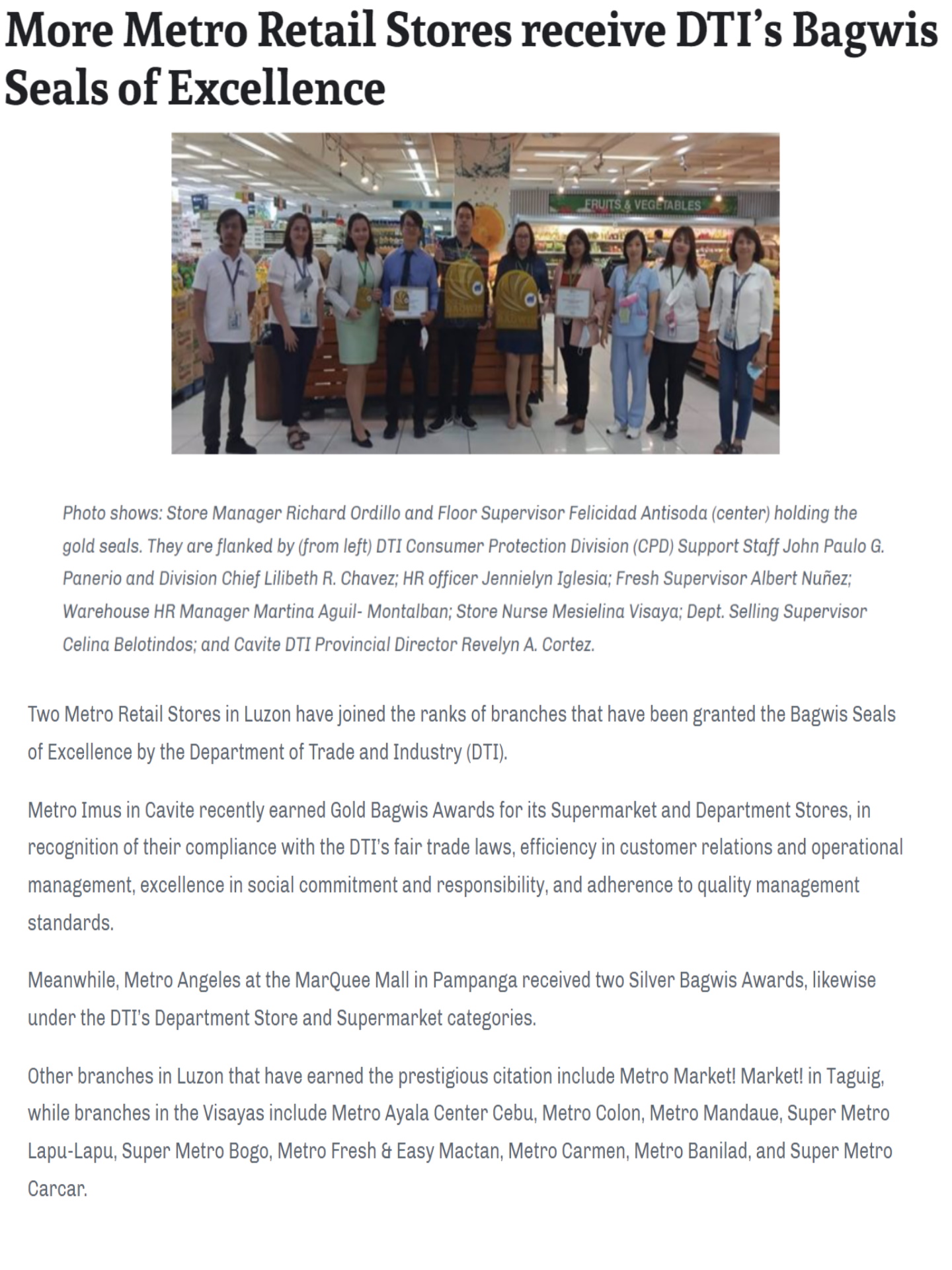 More Metro Retail Stores receive DTIs Bagwis Seals of Excellence The Philippine Business News