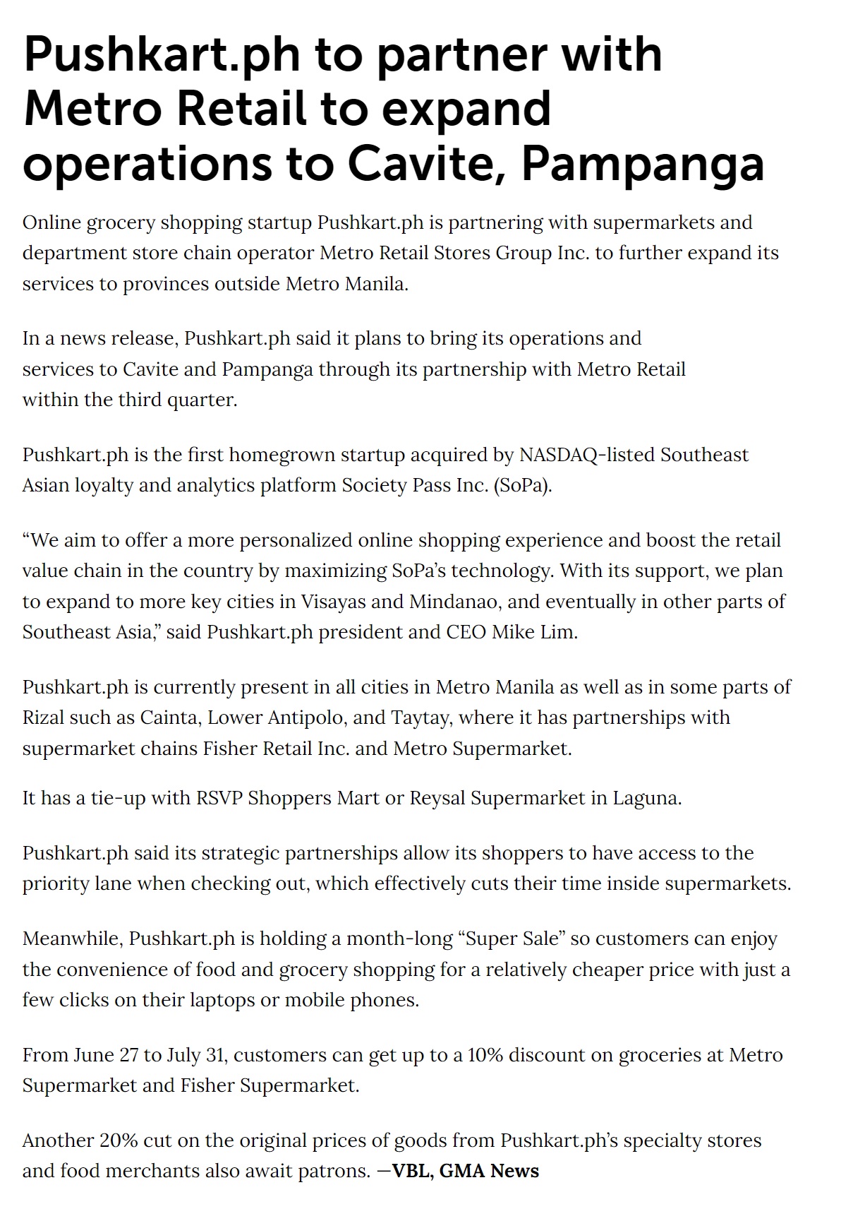 Pushkart.ph to partner with Metro Retail to expand operations to Cavite Pampanga GMA News