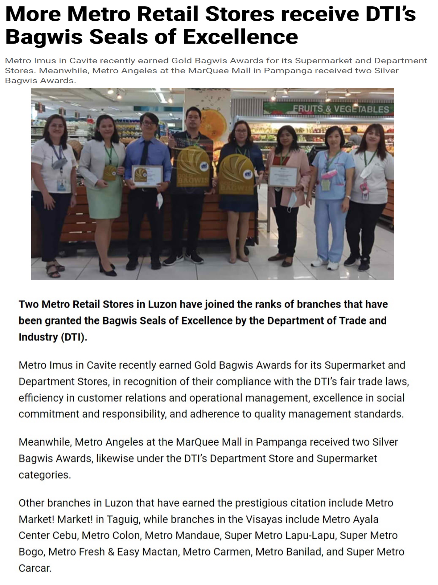 Upgrade More Metro Retail Stores receive DTIs Bagwis Seals of Excellence